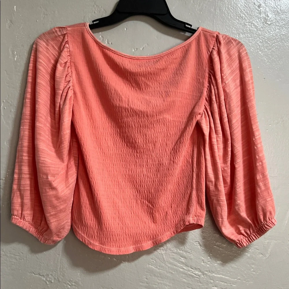 Free People Day Lily Puff Sleeve Blouse Top Size SM Coral Pink